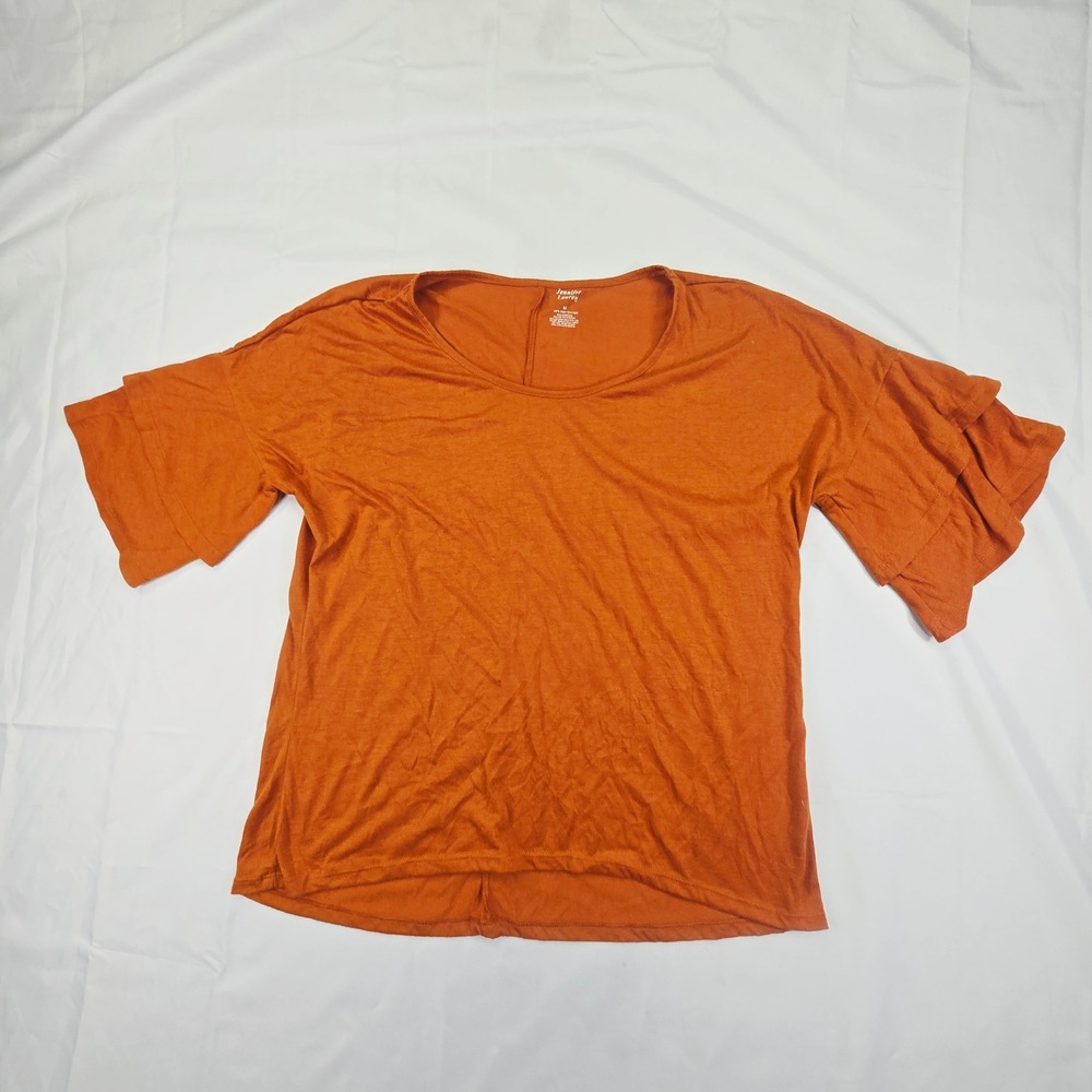 Jennifer Lauren Women's Medium Orange Ruffle Sleeve Scoop Neck Top Tiered Boho